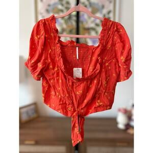 New Free People You and Me Front Tie Floral Orange Blouse Size 12